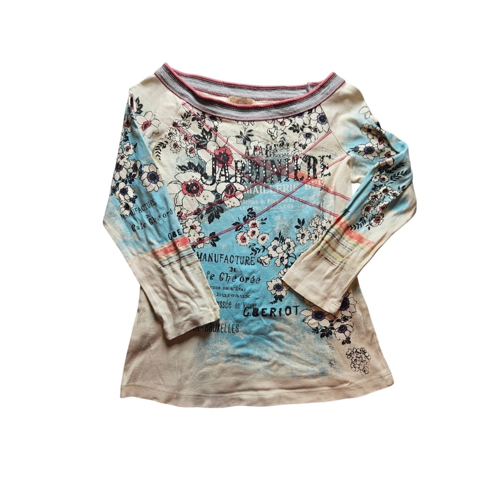 Skinny Minnie Vintage Style Floral Graphic Top Cream Blue Cotton Medium USA Y2K
